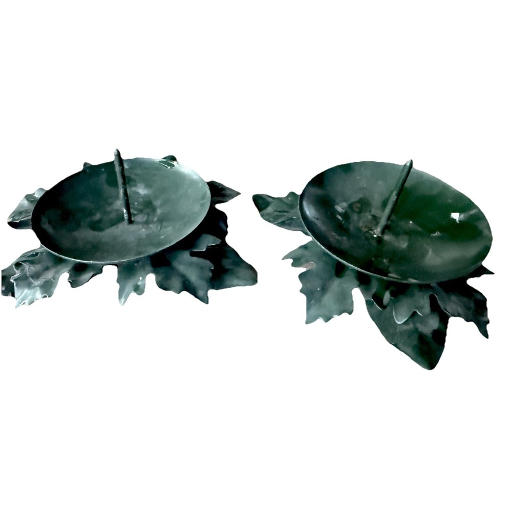 O: Vintage Green Metal Leaf Taper Candle Holders Pair Spike Rustic Boho Garden
